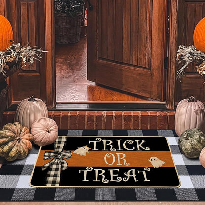 Halloween Doormat Trick or Treat Ghost Bow Decorative Front Door Mat Black Orange Indoor Outdoor Mats Non-Slip Rubber Backing Seasonal Kitchen Entrance Floor Decoration 17 X 29 Inch