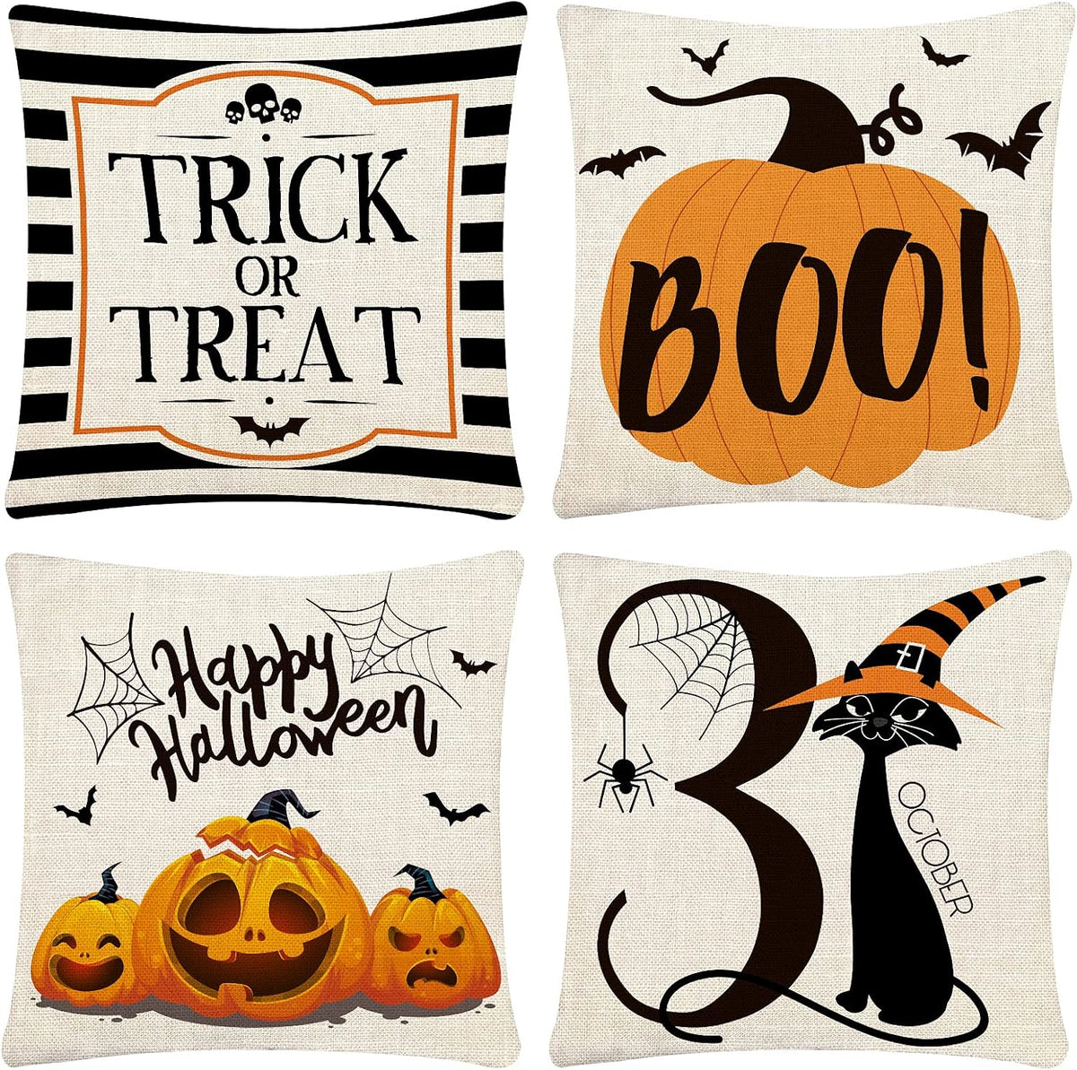 Halloween Pillow Covers 18X18 Set of 4 Trick or Treat Pillow Covers Happy Halloween Linen Sofa Bed Throw Cushion Cover Decoration