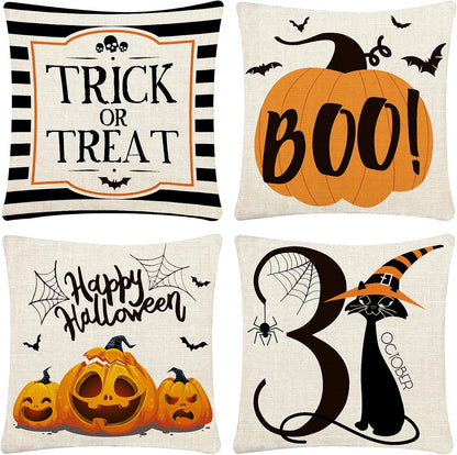 Halloween Pillow Covers 18X18 Set of 4 Trick or Treat Pillow Covers Happy Halloween Linen Sofa Bed Throw Cushion Cover Decoration
