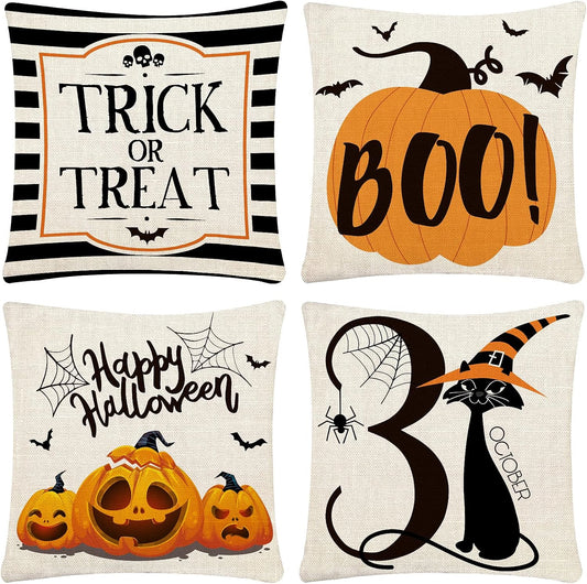 Halloween Pillow Covers 18X18 Set of 4 Trick or Treat Pillow Covers Happy Halloween Linen Sofa Bed Throw Cushion Cover Decoration