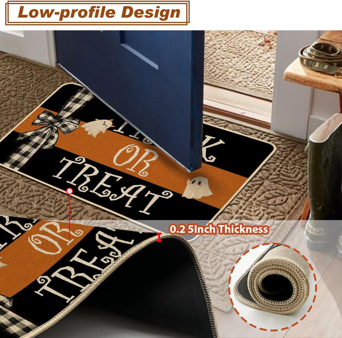 Halloween Doormat Trick or Treat Ghost Bow Decorative Front Door Mat Black Orange Indoor Outdoor Mats Non-Slip Rubber Backing Seasonal Kitchen Entrance Floor Decoration 17 X 29 Inch