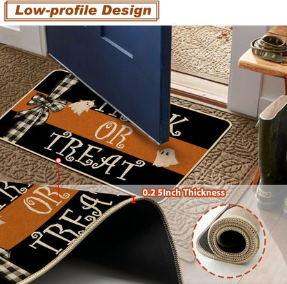 Halloween Doormat Trick or Treat Ghost Bow Decorative Front Door Mat Black Orange Indoor Outdoor Mats Non-Slip Rubber Backing Seasonal Kitchen Entrance Floor Decoration 17 X 29 Inch