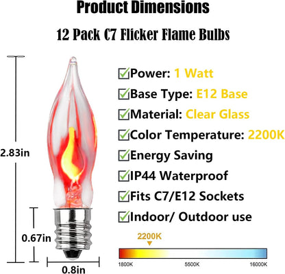 Halloween Flicker Flame Light Bulbs, 12 Pack Crystal Clear Flickering Light Bulbs, 1 Watt C7/E12 Candelabra Replacement Bulb for Electric Candle Chandelier String Lights Halloween Christmas Decoration
