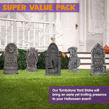 5 Pack Halloween Tombstone Outdoor Decorations,17 Inch Foam RIP Cemetery Headstone Decoration and 12 Halloween Yard Lawn Decoration Metal Stakes